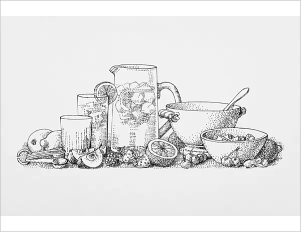 Black and white illustration of ingredients and utensils for making freshly squeezed fruit juice