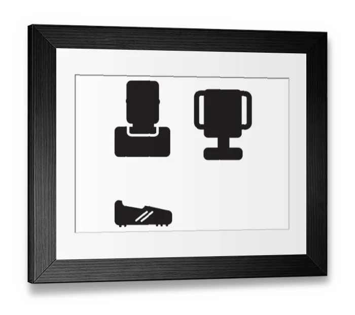Framed Print : Black and white digital illustrations representing footballers head, trophy and football boot Framed Print : Black and white digital illustrations representing footballers head, trophy and football boot