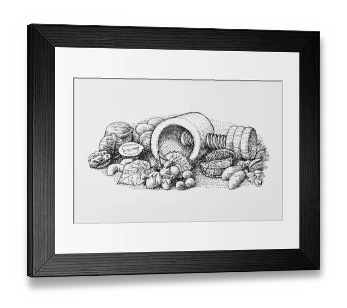 Framed Print : Black and white illustration of almonds, walnuts, and Brazil nuts surrounding nutcracker Framed Print : Black and white illustration of almonds, walnuts, and Brazil nuts surrounding nutcracker