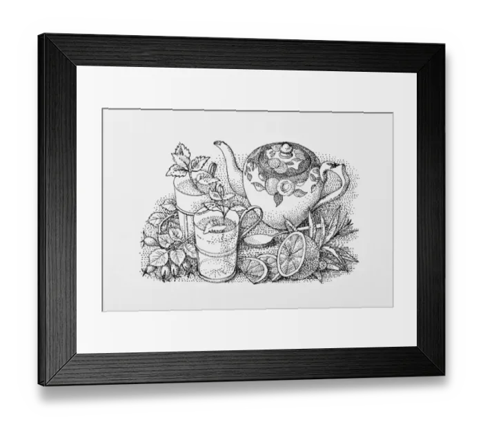 Framed Print : Black and white illustration of teapot, mint tea, sliced lemon, and herb leaves Framed Print : Black and white illustration of teapot, mint tea, sliced lemon, and herb leaves