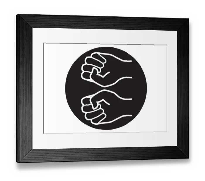 Framed Print : Black and white digital illustration of two clenched fists in black circle Framed Print : Black and white digital illustration of two clenched fists in black circle