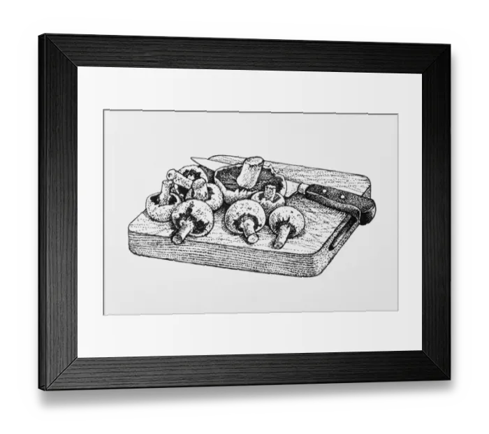 Framed Print : Black and white illustration of fresh mushrooms and knife on chopping board Framed Print : Black and white illustration of fresh mushrooms and knife on chopping board
