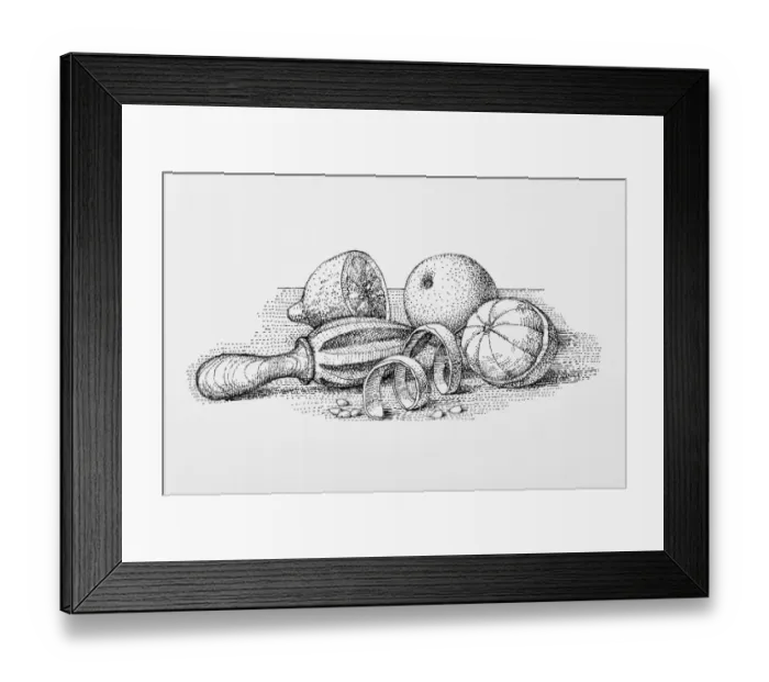 Framed Print : Black and white illustration of old fashioned juicer with oranges, peel, pips, and sliced lemon