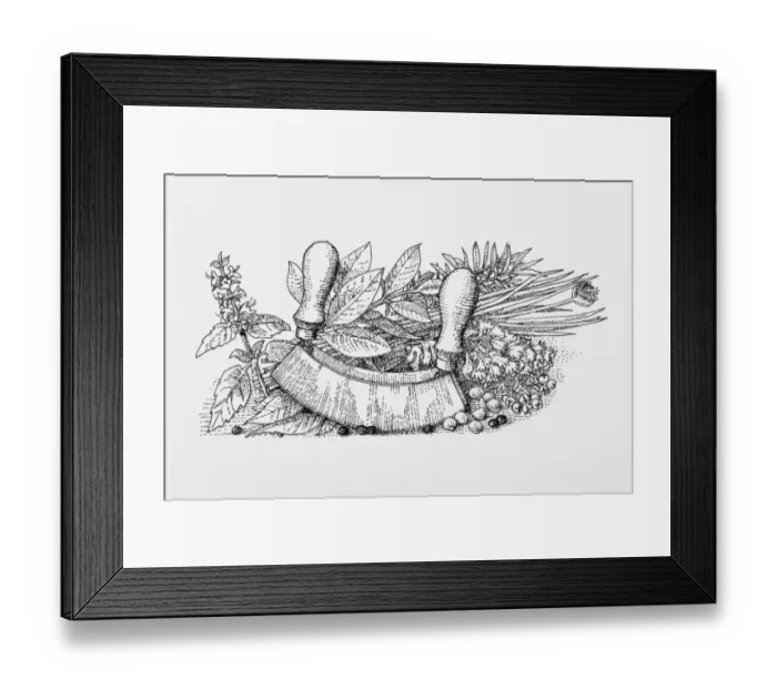 Framed Print : Black and white illustration of herbs, spices, and mezzaluna Framed Print : Black and white illustration of herbs, spices, and mezzaluna