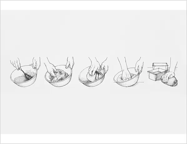 Sequence of black and white illustrations showing how to make bread dough
