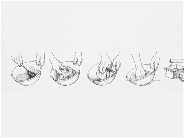 Sequence of black and white illustrations showing how to make bread dough