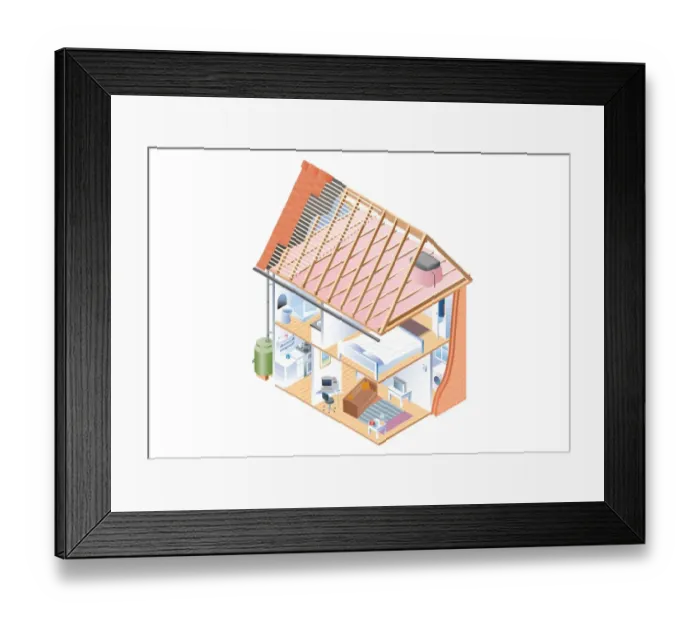 Framed Print : Digital cross section illustration of house interior, attic and drainpipe connected from guttering to water butt below Framed Print : Digital cross section illustration of house interior, attic and drainpipe connected from guttering to water butt below