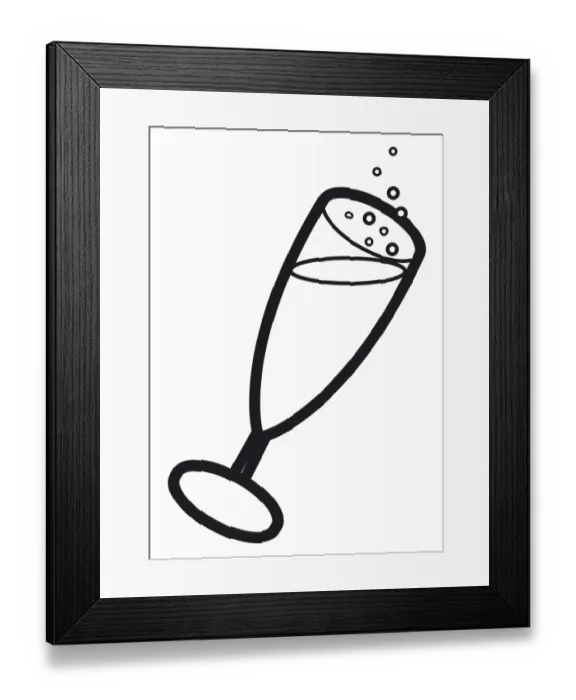 Framed Print : Black and white digital illustration of flute with bubbles rising from champagne