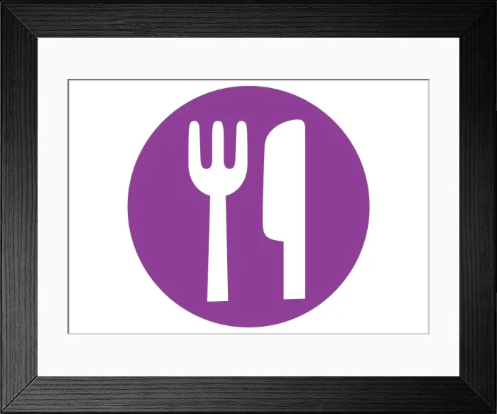 Framed Print : Digital illustration of representing knife and fork in purple circle Framed Print : Digital illustration of representing knife and fork in purple circle