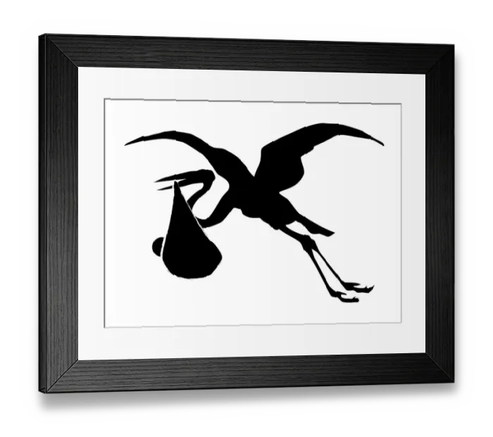 Framed Print : Black and white digital illustration of stork flying with baby bundle held in beak Framed Print : Black and white digital illustration of stork flying with baby bundle held in beak