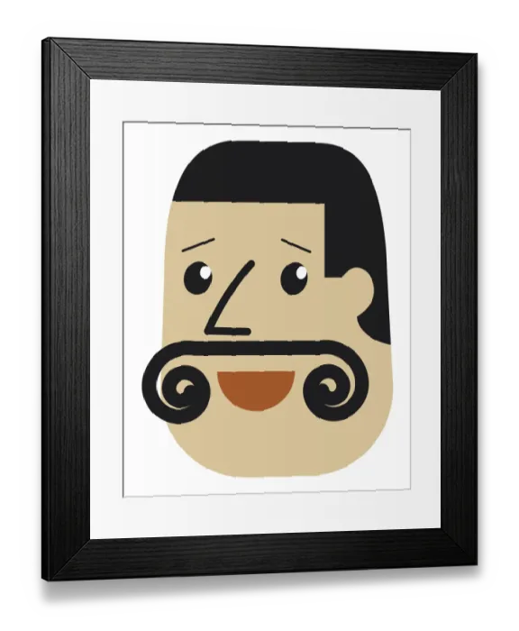 Framed Print : Digital cartoon of a man with black hair and a curly moustache Framed Print : Digital cartoon of a man with black hair and a curly moustache
