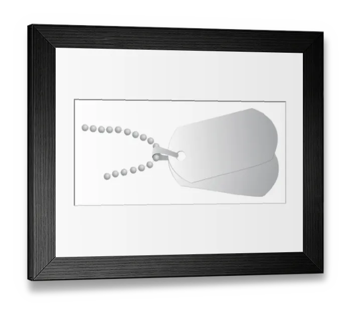 Framed Print : Digital illustration of silver dog tags attached to part of chain Framed Print : Digital illustration of silver dog tags attached to part of chain