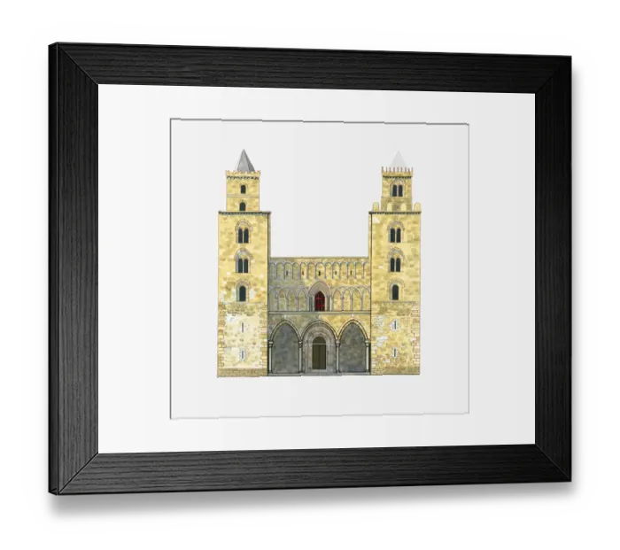 Framed Print : Digital illustration of twin-towered facade of Roman Catholic Duomo di Cefalu