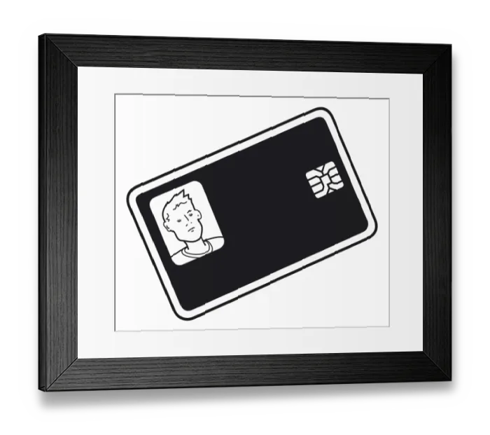 Framed Print : Black and white digital illustration of photo identity card with smart card chip Framed Print : Black and white digital illustration of photo identity card with smart card chip