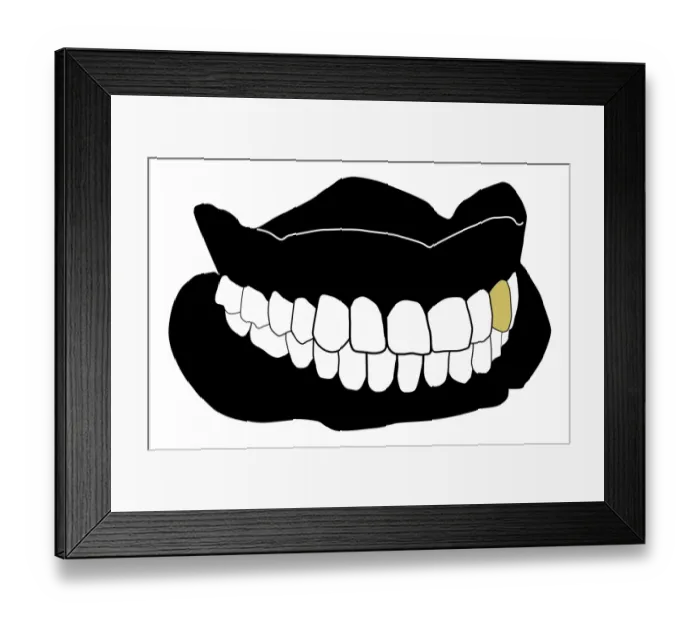 Framed Print : Black and white digital illustration of set of dentures with gold tooth amid white teeth Framed Print : Black and white digital illustration of set of dentures with gold tooth amid white teeth