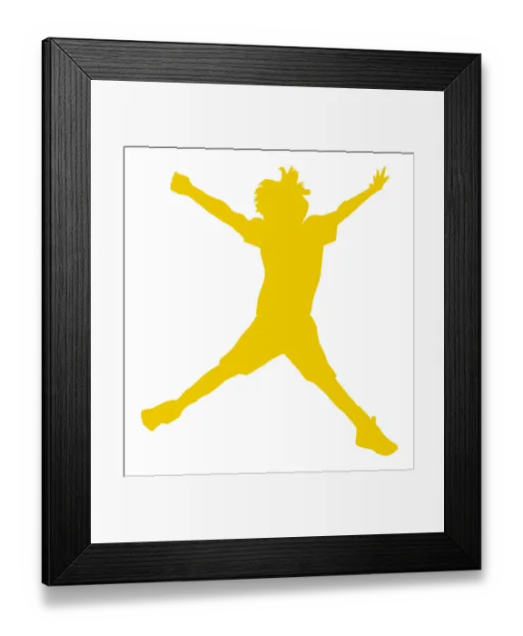Framed Print : Digital illustration of yellow silhouette of boy doing star jump
