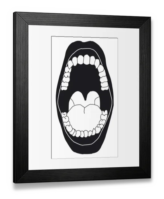 Framed Print : Black and white digital illustration of open mouth showing white teeth, tongue, and back of throat Framed Print : Black and white digital illustration of open mouth showing white teeth, tongue, and back of throat