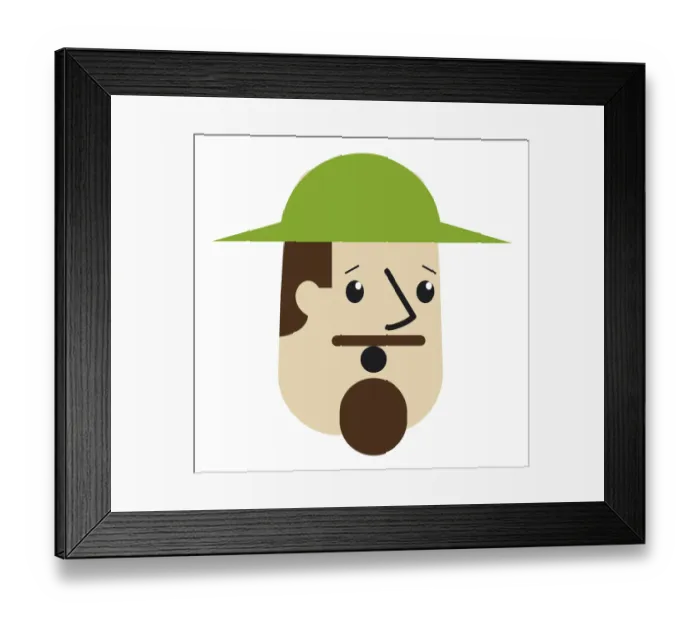 Framed Print : Digital cartoon of man with moustache and goatee, raised eyebrows and open mouth, wearing a green hat