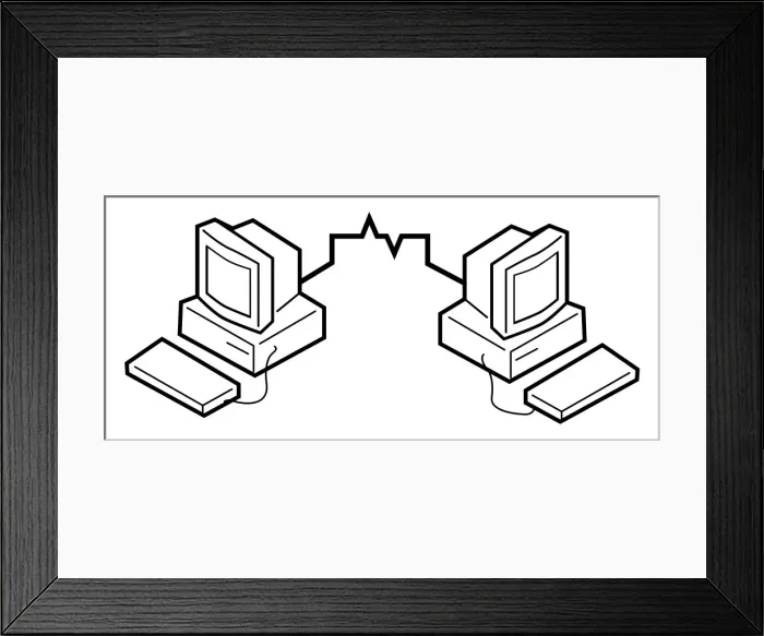 Framed Print : Black and white digital illustration of two PCs connected wireless network system Framed Print : Black and white digital illustration of two PCs connected wireless network system