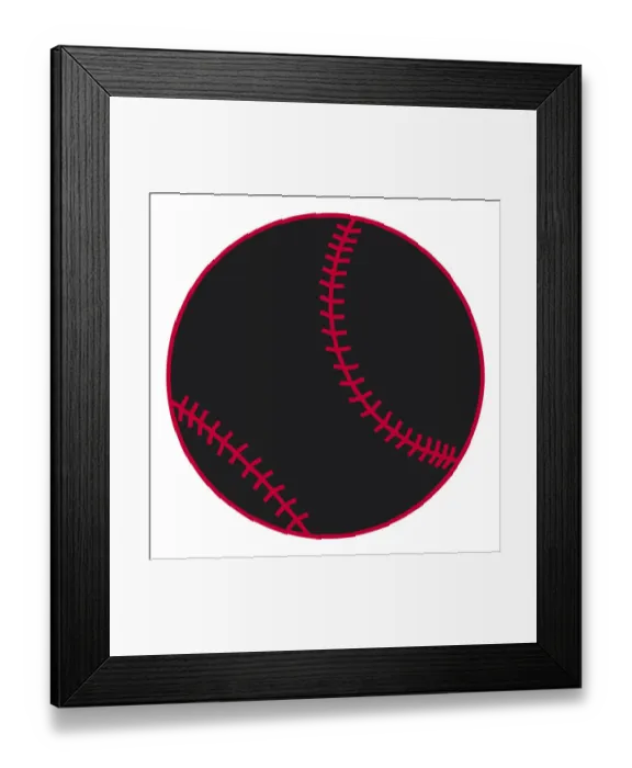Framed Print : Digital illustration of black baseball showing red stitching Framed Print : Digital illustration of black baseball showing red stitching