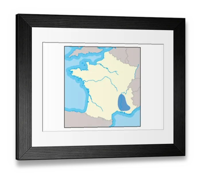 Framed Print : Digital illustration of Rhone Valley wine region in France, shown in blue Framed Print : Digital illustration of Rhone Valley wine region in France, shown in blue