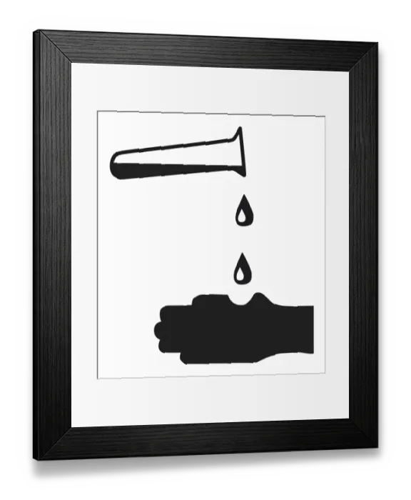 Framed Print : Black and white digital illustration of corrosive liquid dripping onto hand and destroying skin