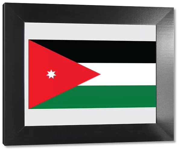Illustration of flag of Jordan, with three horizontal bands of black, white and green connected by red triangle
