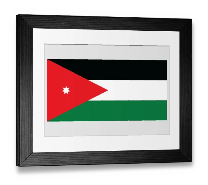 Framed Print : Illustration of flag of Jordan, with three horizontal bands of black, white and green connected by red triangle Framed Print : Illustration of flag of Jordan, with three horizontal bands of black, white and green connected by red triangle