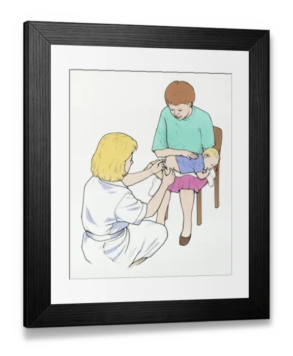 Framed Print : Illustration of nurse injecting vaccination in to leg of baby held by mother