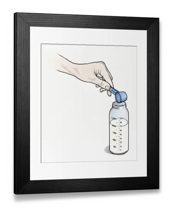 Framed Print : Illustration of measuring scoop above baby bottle
