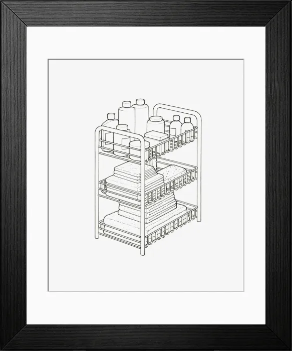 Framed Print : Black and white illustration of various bottles, containers, sponge, folded cloths and sheets on rack Framed Print : Black and white illustration of various bottles, containers, sponge, folded cloths and sheets on rack