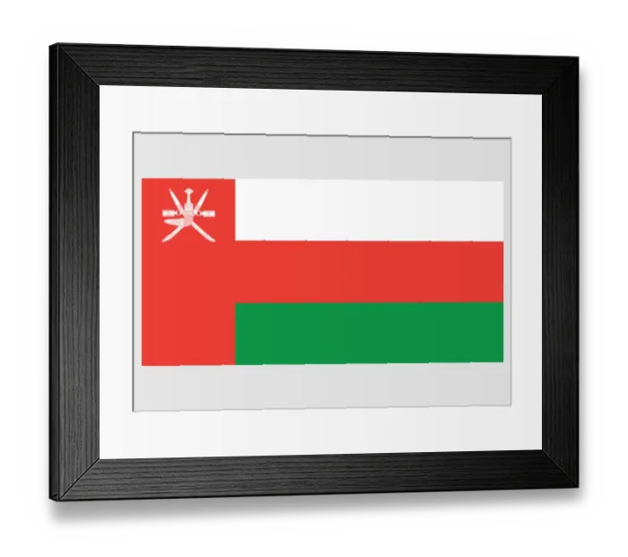 Framed Print : Illustration of national flag of Oman, with three white, green, and red stripes on field and red bar bearing national emblem of Oman Framed Print : Illustration of national flag of Oman, with three white, green, and red stripes on field and red bar bearing national emblem of Oman