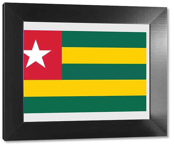 Illustration of flag of Togo, with white five-pointed star on red square, and five equal horizontal bands of green alternating with yellow