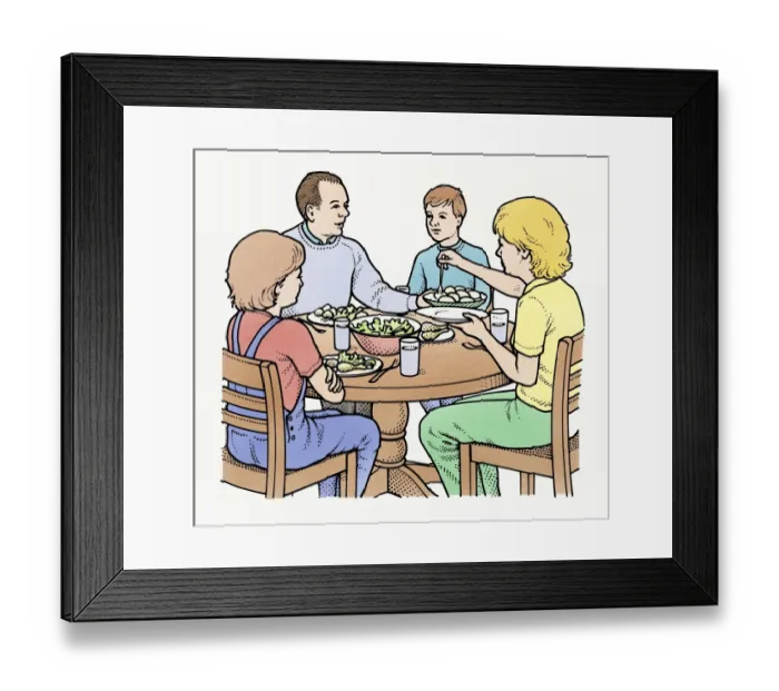 Framed Print : Illustration of family sitting at table serving evening meal as daughter refuses to eat Framed Print : Illustration of family sitting at table serving evening meal as daughter refuses to eat