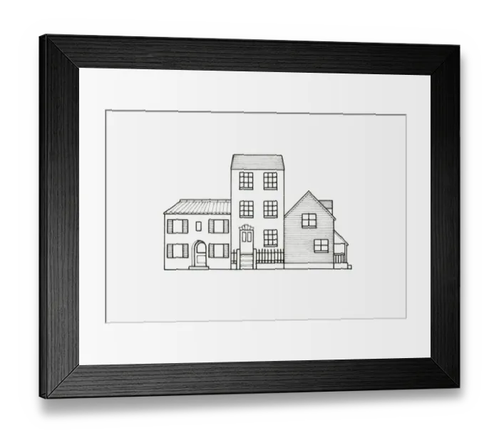 Framed Print : Black and white illustration of terrace of three very different styles of house