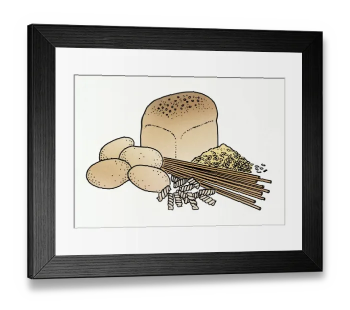 Framed Print : Illustration of wholemeal bread, pasta, grain, and raw potatoes Framed Print : Illustration of wholemeal bread, pasta, grain, and raw potatoes