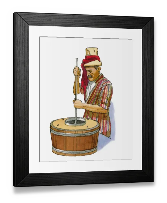 Framed Print : Illustration of man wearing traditional Turkish clothing, making cheese