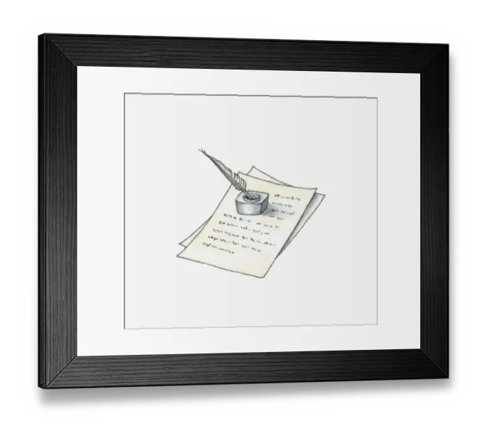Framed Print : Black and white illustration of quill pen and ink well on handwritten document Framed Print : Black and white illustration of quill pen and ink well on handwritten document