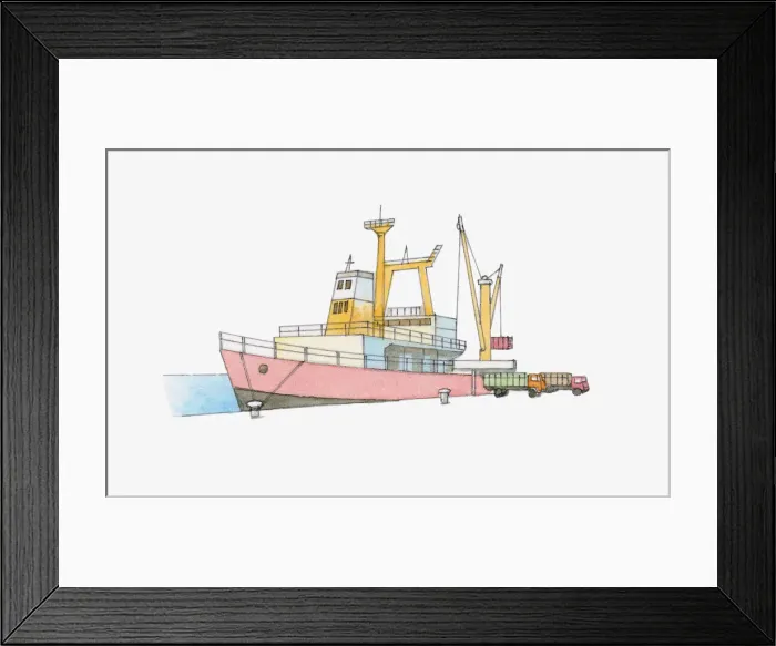 Framed Print : Illustration of crane unloading cargo from ship on to lorries on dockside Framed Print : Illustration of crane unloading cargo from ship on to lorries on dockside