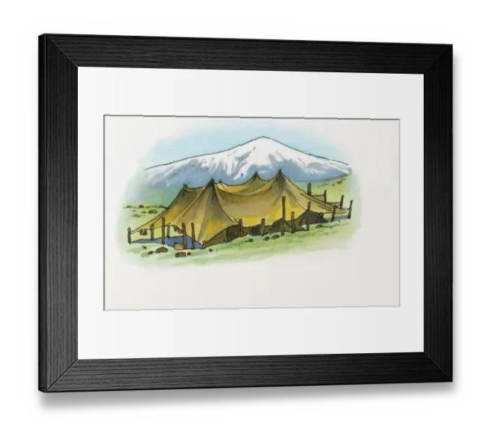 Framed Print : Illustration of Bedoiun tent on Black Sea coast, with snow covered mountain in background