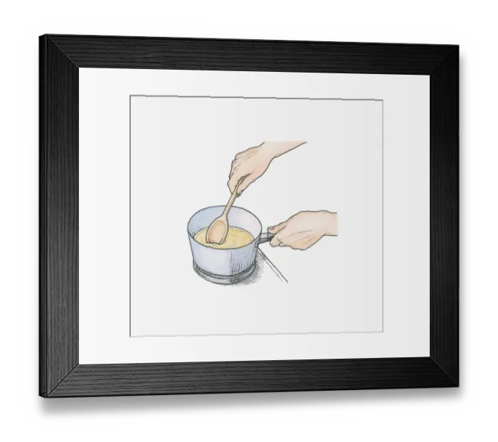 Framed Print : Illustration showing melted wax being stirred in pan using wooden spoon to create a DIY tile sealant Framed Print : Illustration showing melted wax being stirred in pan using wooden spoon to create a DIY tile sealant