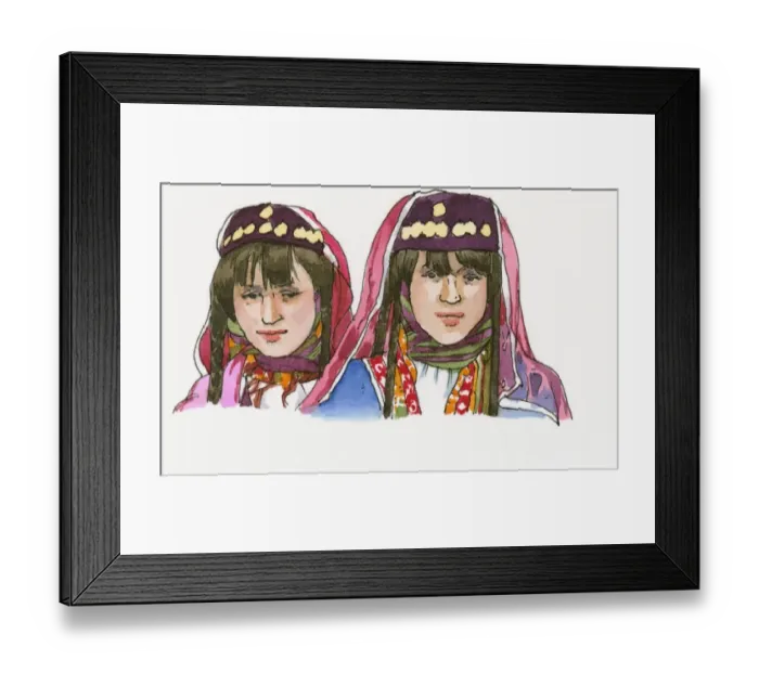Framed Print : Illustration of two girls wearing traditional Anatolian Ottoman clothes Framed Print : Illustration of two girls wearing traditional Anatolian Ottoman clothes
