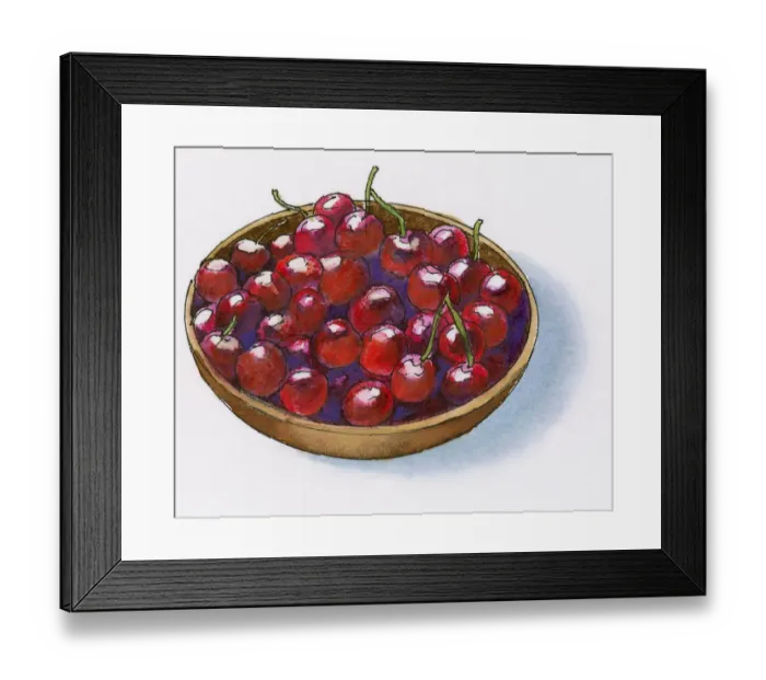 Framed Print : Illustration of bowl of fresh red cherries Framed Print : Illustration of bowl of fresh red cherries