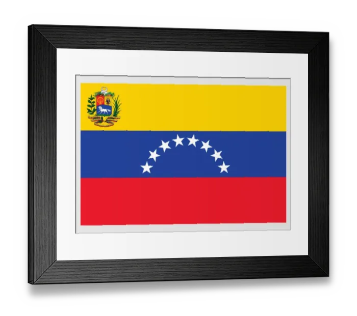 Framed Print : Illustration of state, war and naval flag of Venezuela, a horizontal tricolor of yellow, blue, and red, eigtt five-pointed stars, and coat of arms on field Framed Print : Illustration of state, war and naval flag of Venezuela, a horizontal tricolor of yellow, blue, and red, eigtt five-pointed stars, and coat of arms on field