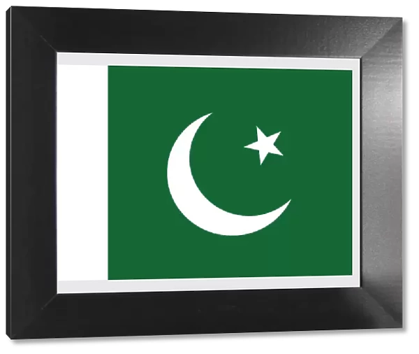 Illustration of national flag of Pakistan, with white star and crescent on dark green field, and vertical white stripe at hoist