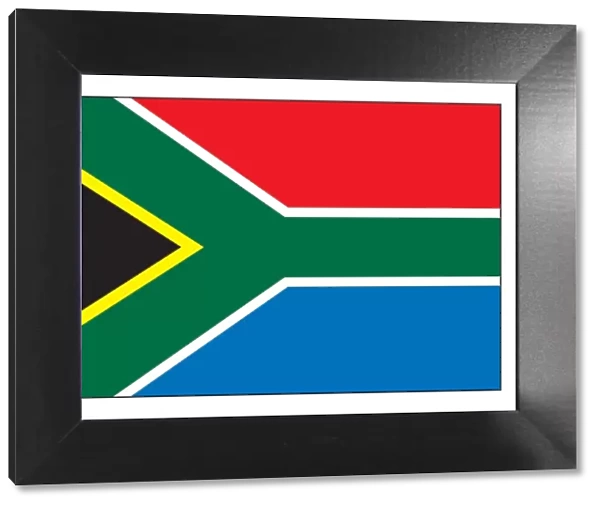 Illustration of flag of South Africa, horizontal bands of red, blue, and green band splitting in to Y shape, and black isosceles triangle
