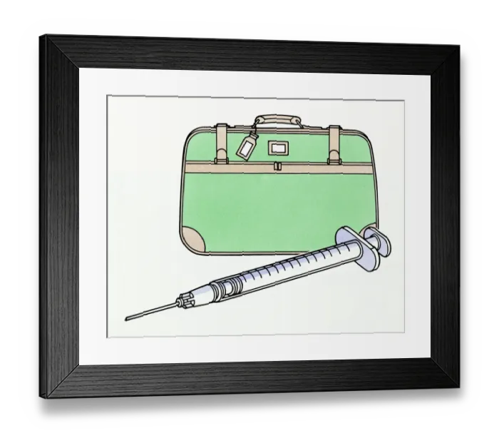 Framed Print : Illustration of syringe next to suitcase