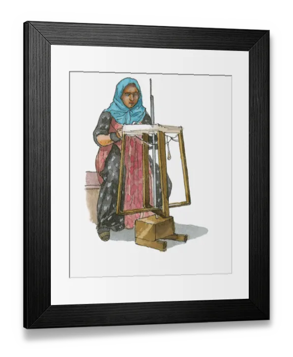 Framed Print : Illustration of woman spinning wool on traditional loom, Turkey Framed Print : Illustration of woman spinning wool on traditional loom, Turkey