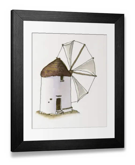 Framed Print : Illustration of thatched windmill near Bodrum