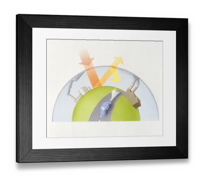 Framed Print : Illustration showing how industrial pollution and car fumes contribute to global warming Framed Print : Illustration showing how industrial pollution and car fumes contribute to global warming